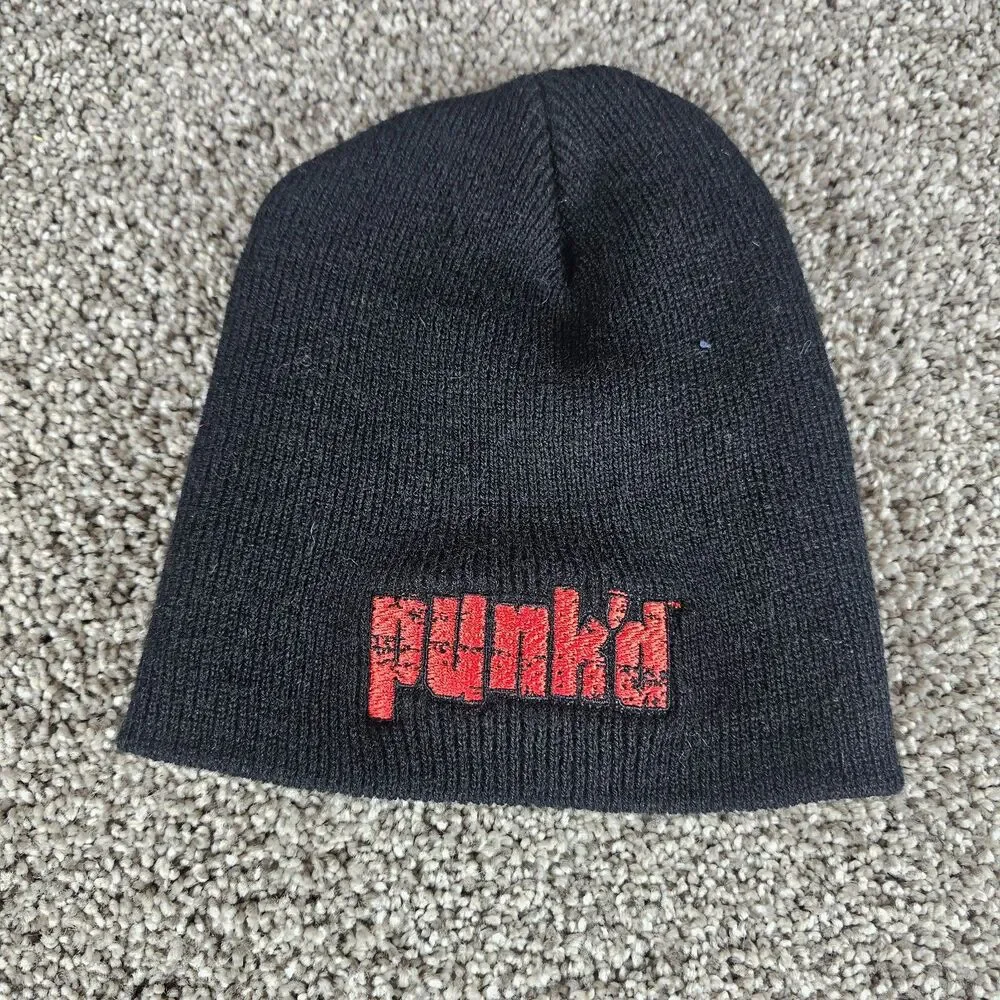 Vintage MTV Punk'd Beanie Hat Knit Cap Youth Size Black Ashton Kutcher Y2K USA